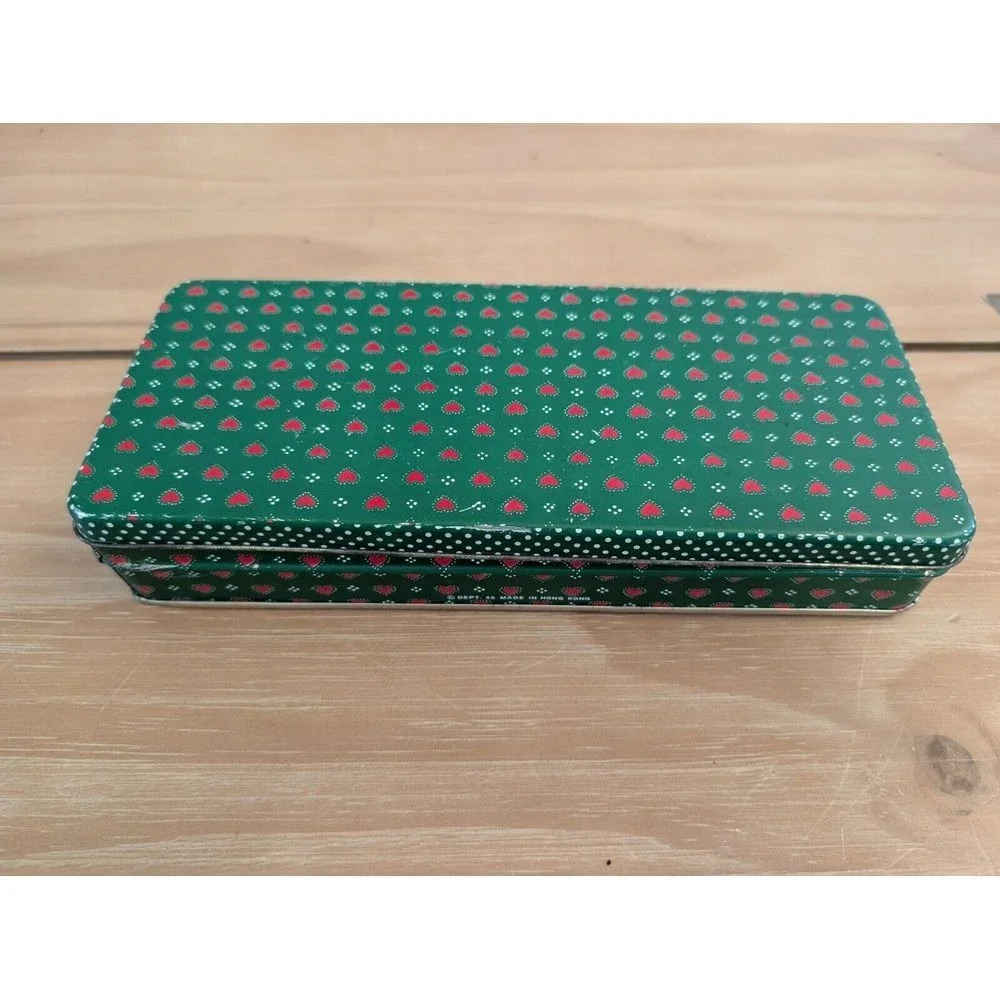 Dept 56‎ Tin w Lid, Christmas Green w Red Hearts Vintage, Made In Hong Kong